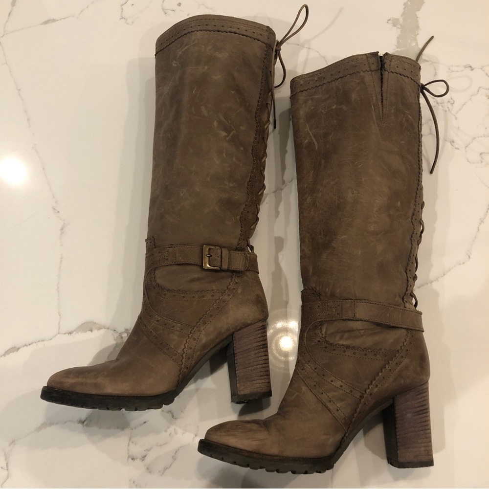 Fabianelli Womens Brown Leather Knee High Boots US Size 5.5 Italy Lace Up Retro